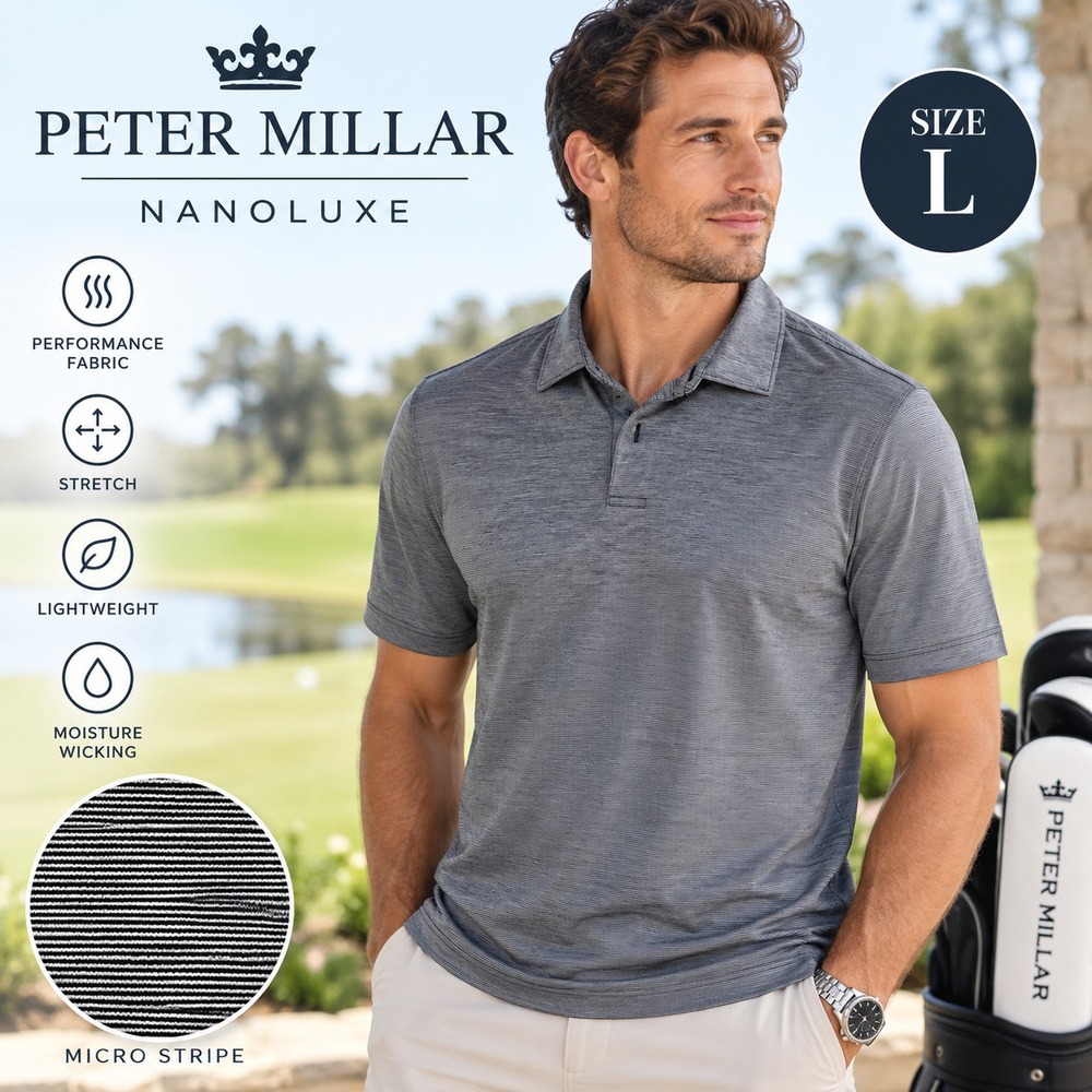 Peter Millar Nanoluxe Polo Shirt L Black Cotton Micro Stripe Golf Performance
